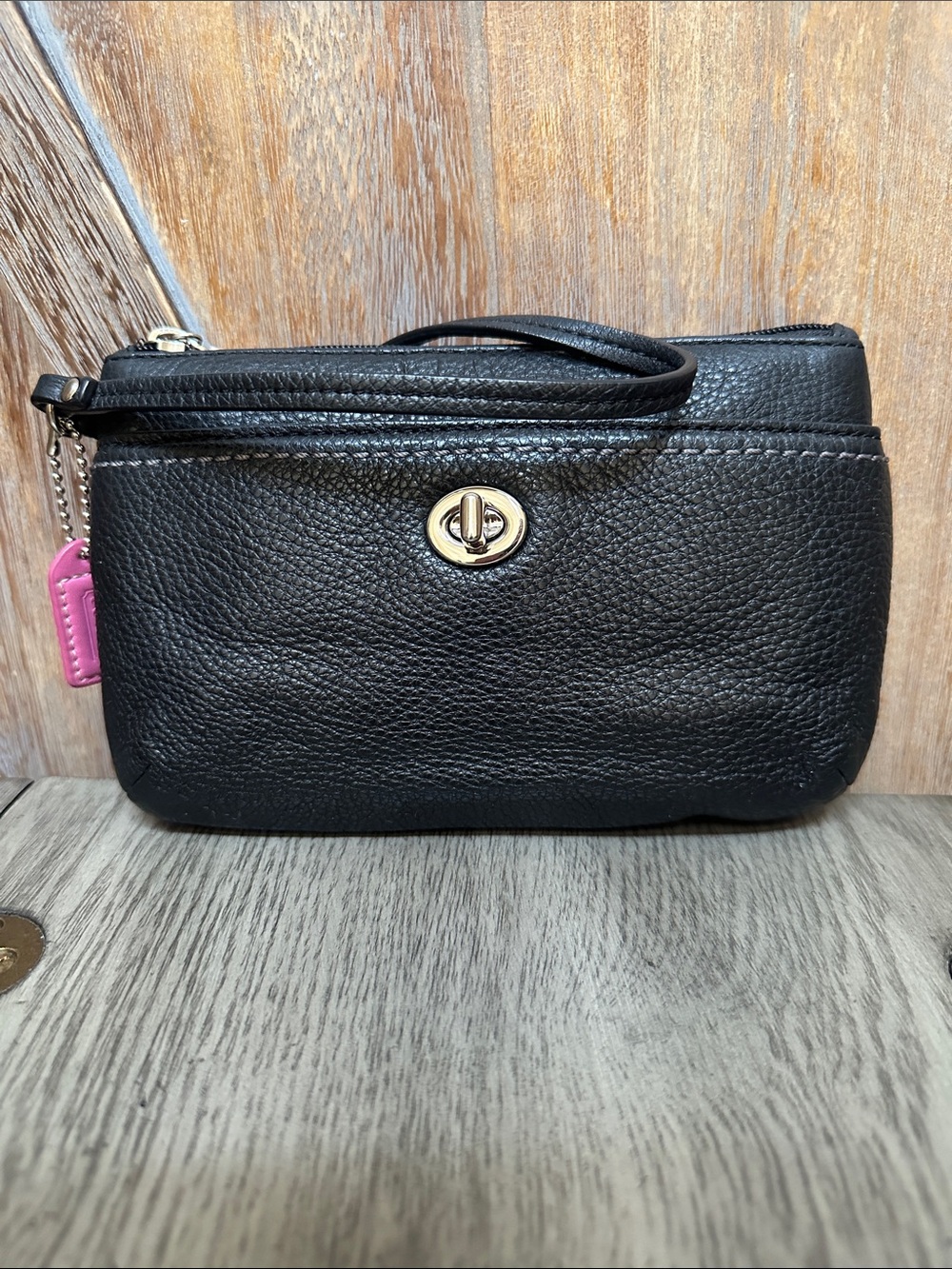 Coach Black Pebbled Leather Wristlet with Silver Turnlock & Pink Hang Tag